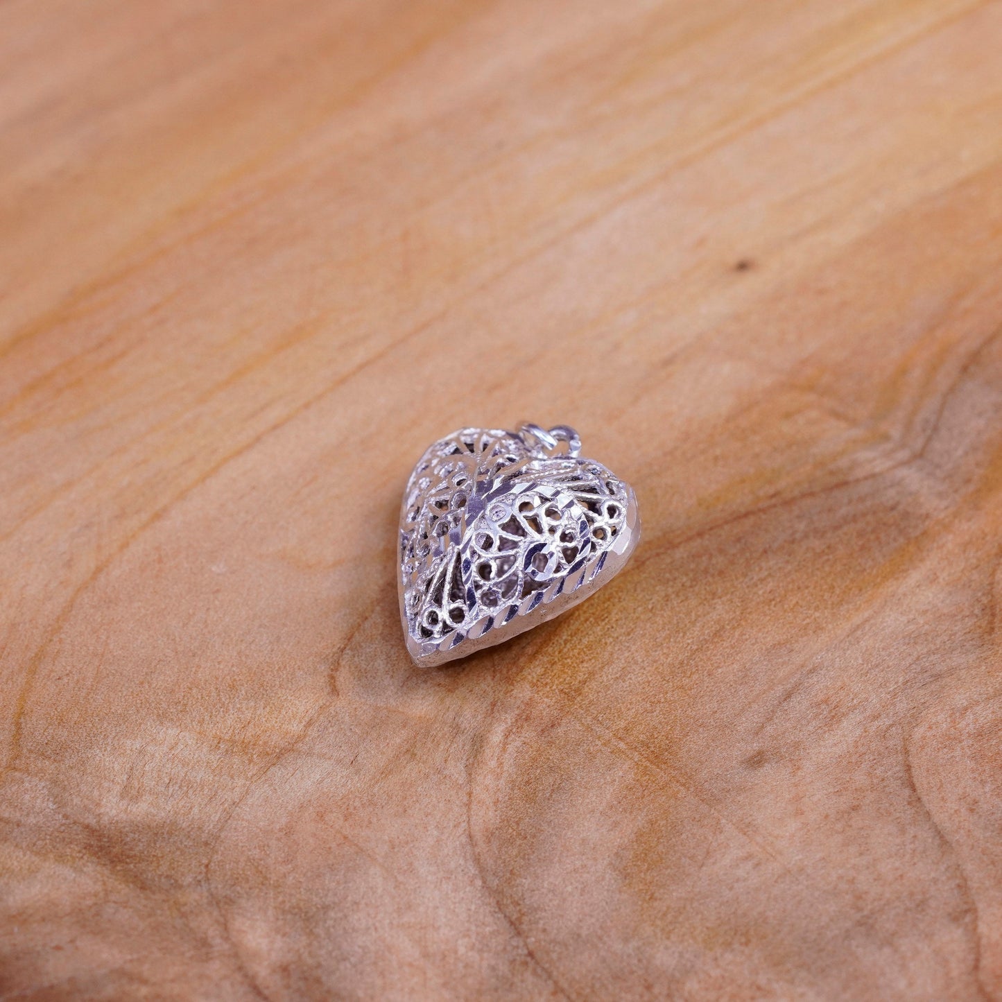 Vintage Sterling silver handmade pendant, 925 filigree puffy heart pendant