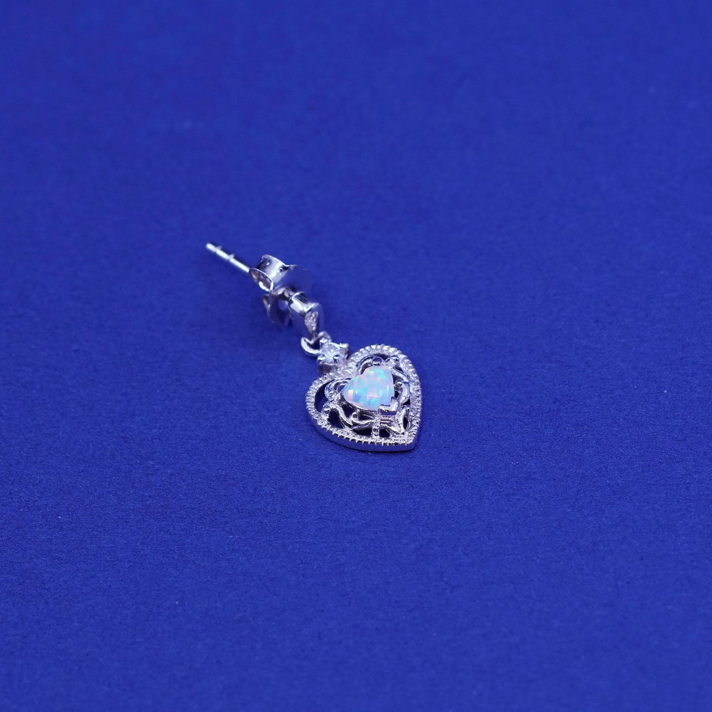 Vintage sterling 925 silver filigree heart earrings with fire opal