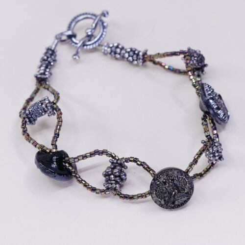 7.25”, Vtg Sterling Silver Handmade Bracelet, 925 Silver Toggle W/ Beads