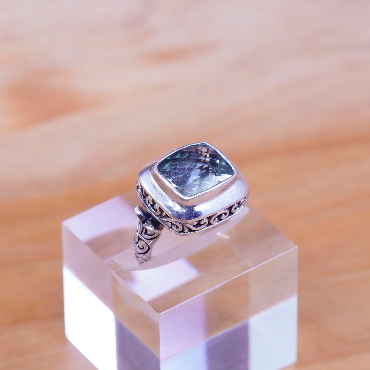 sz 5.75, AF Sterling silver handmade ring, textured 925 leafy band chrysoberyl