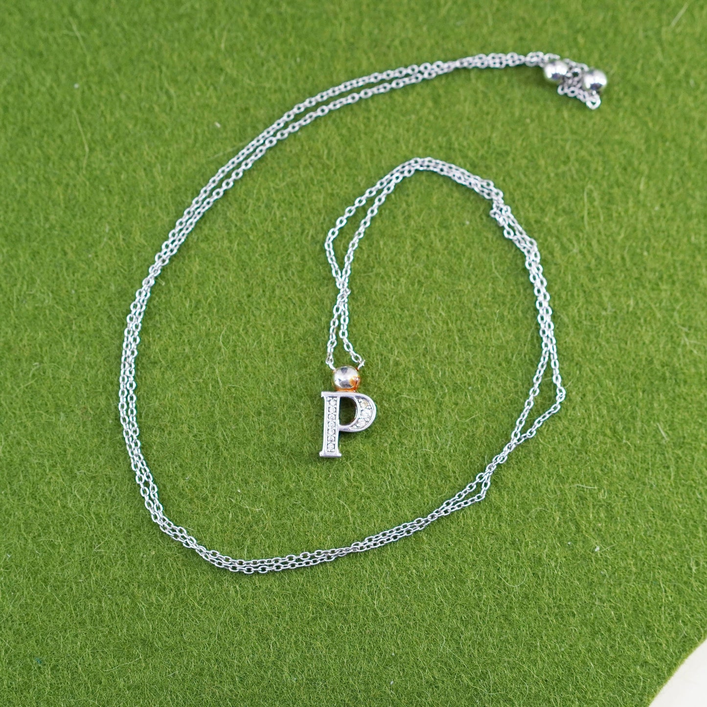 vtg sterling 925 silver necklace, circle chain w/ initial Letter P pendant cz
