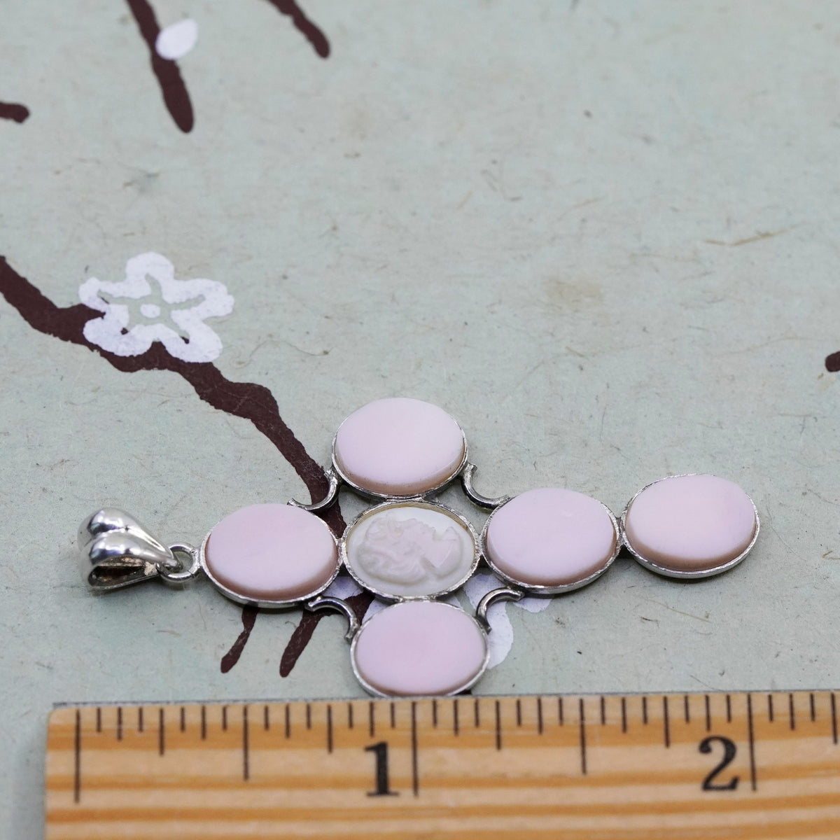Italy sterling 925 silver handmade cross pendant w/ pink cameo mother of pearl