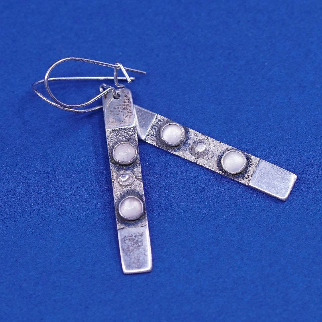 vtg IX sterling silver handmade earrings, 925 tag w/ pink quartz drops