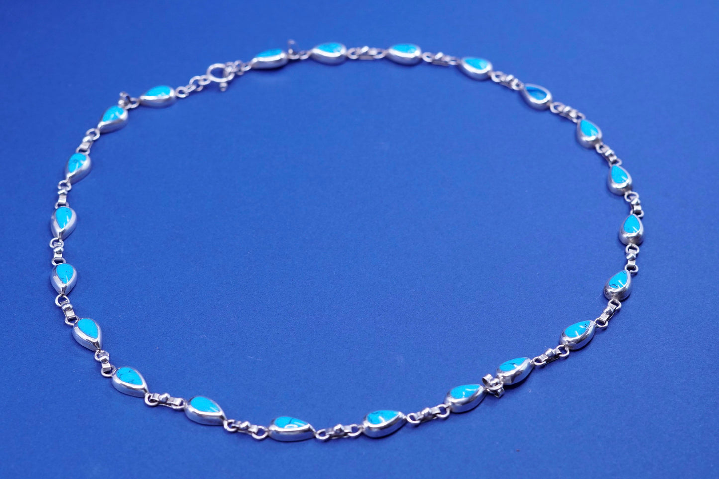 22”, huge mexico sterling 925 silver teardrop handmade necklace w/ turquoise