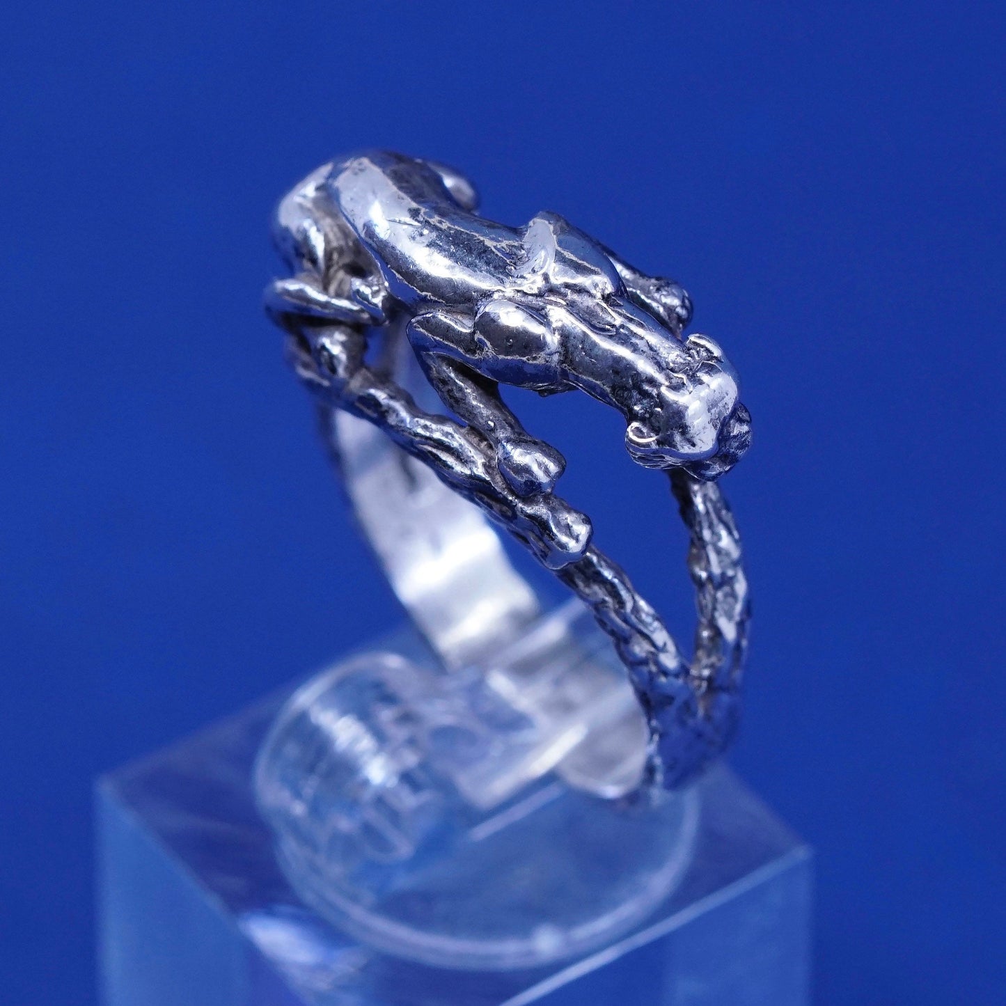 Size 9.75, vintage sterling silver handmade ring, 925 leopard figure band