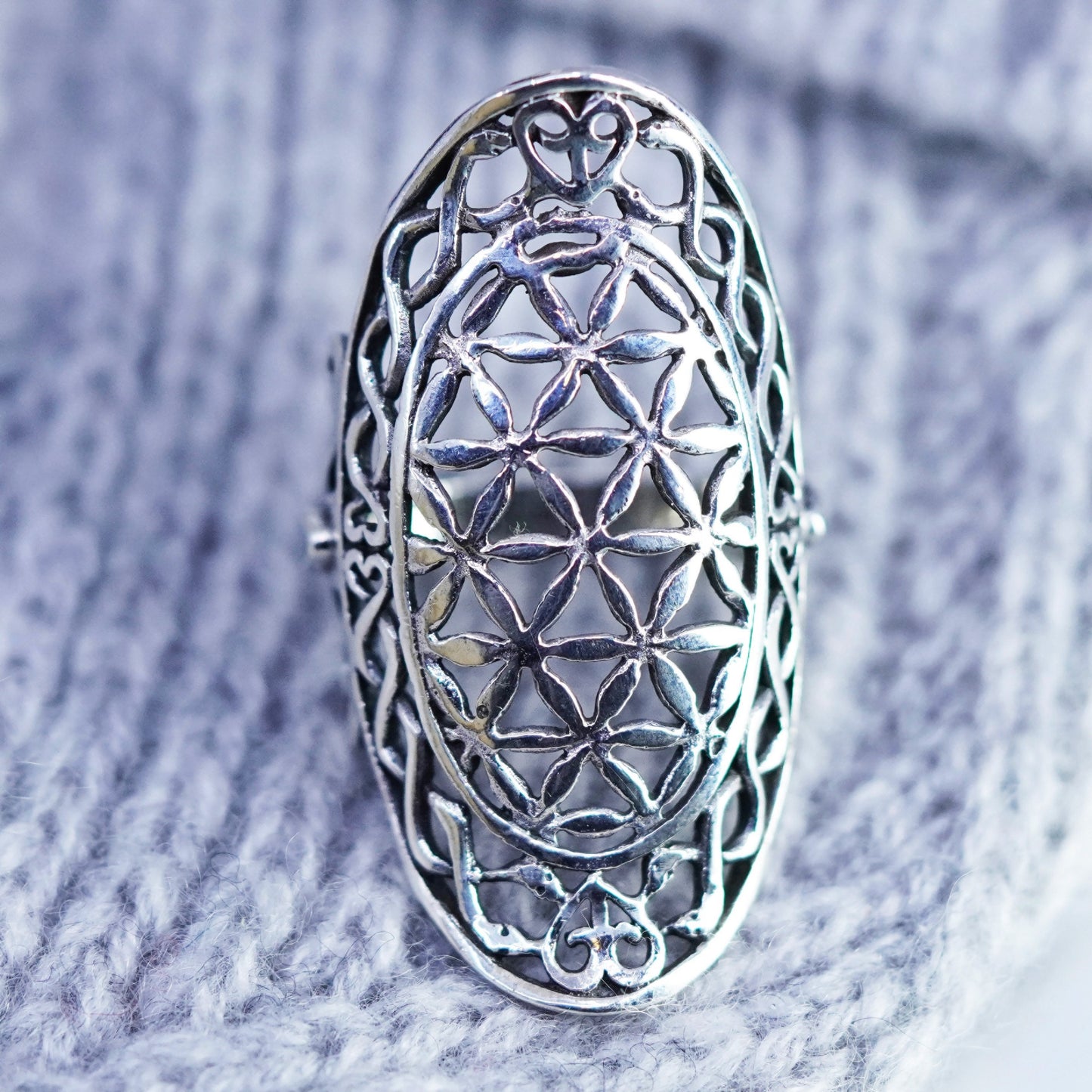 Size 6.25, vtg Sterling 925 silver handmade ring, filigree finger guard band