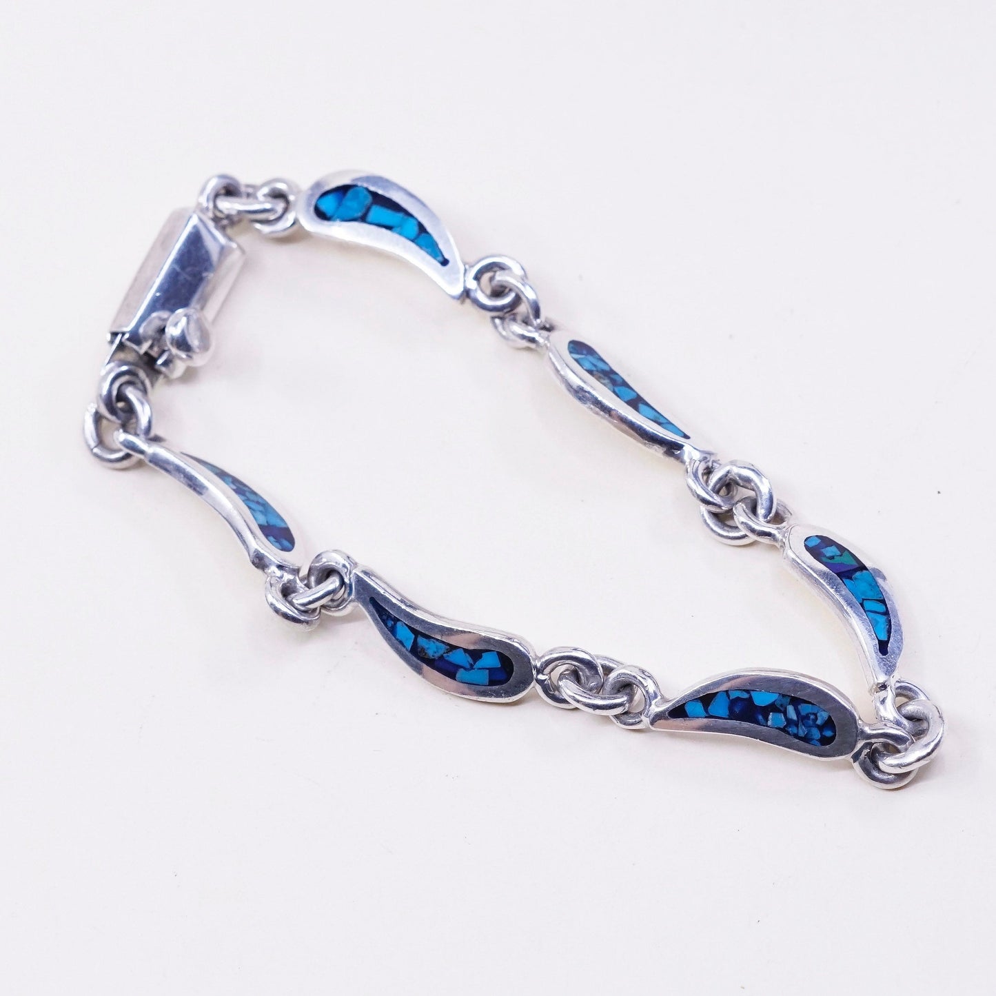 7.75”, mexico hecho en Sterling silver bracelet, 925 teardrop link w/ turquoise