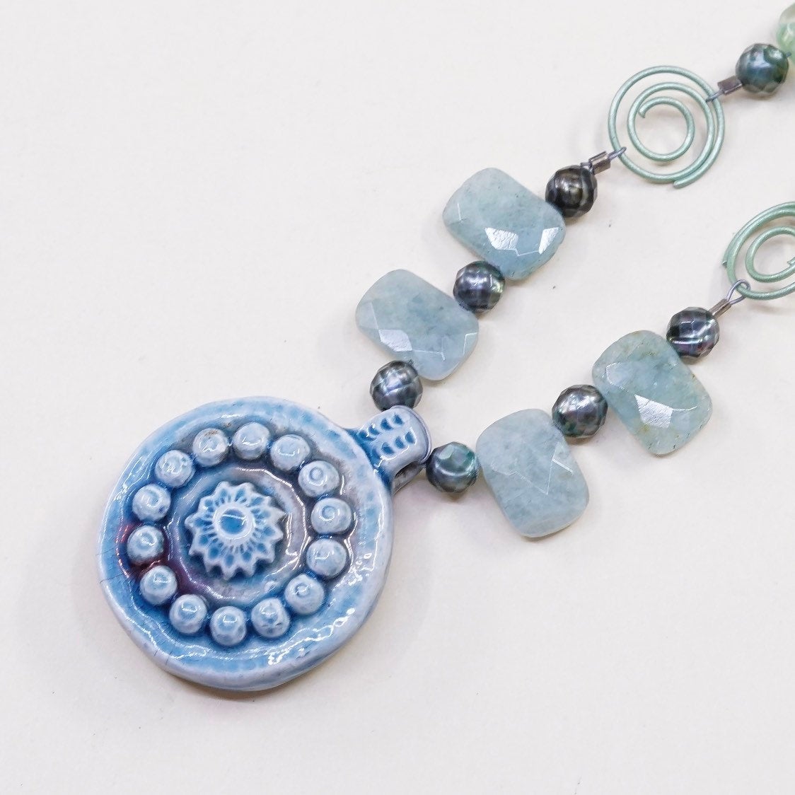 16+1.5”, Sterling silver necklace 925 circle chain w/ Jade beads N blue pottery