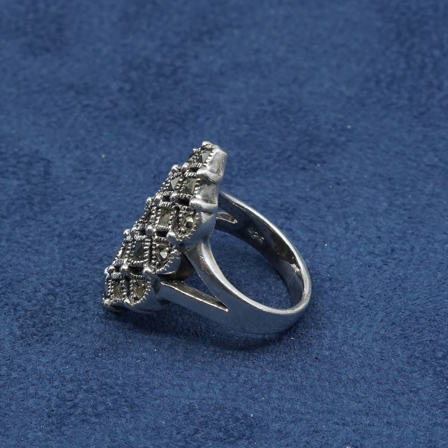 sz 6.5, vtg Sterling silver handmade ring, 925 band w/ marcasite