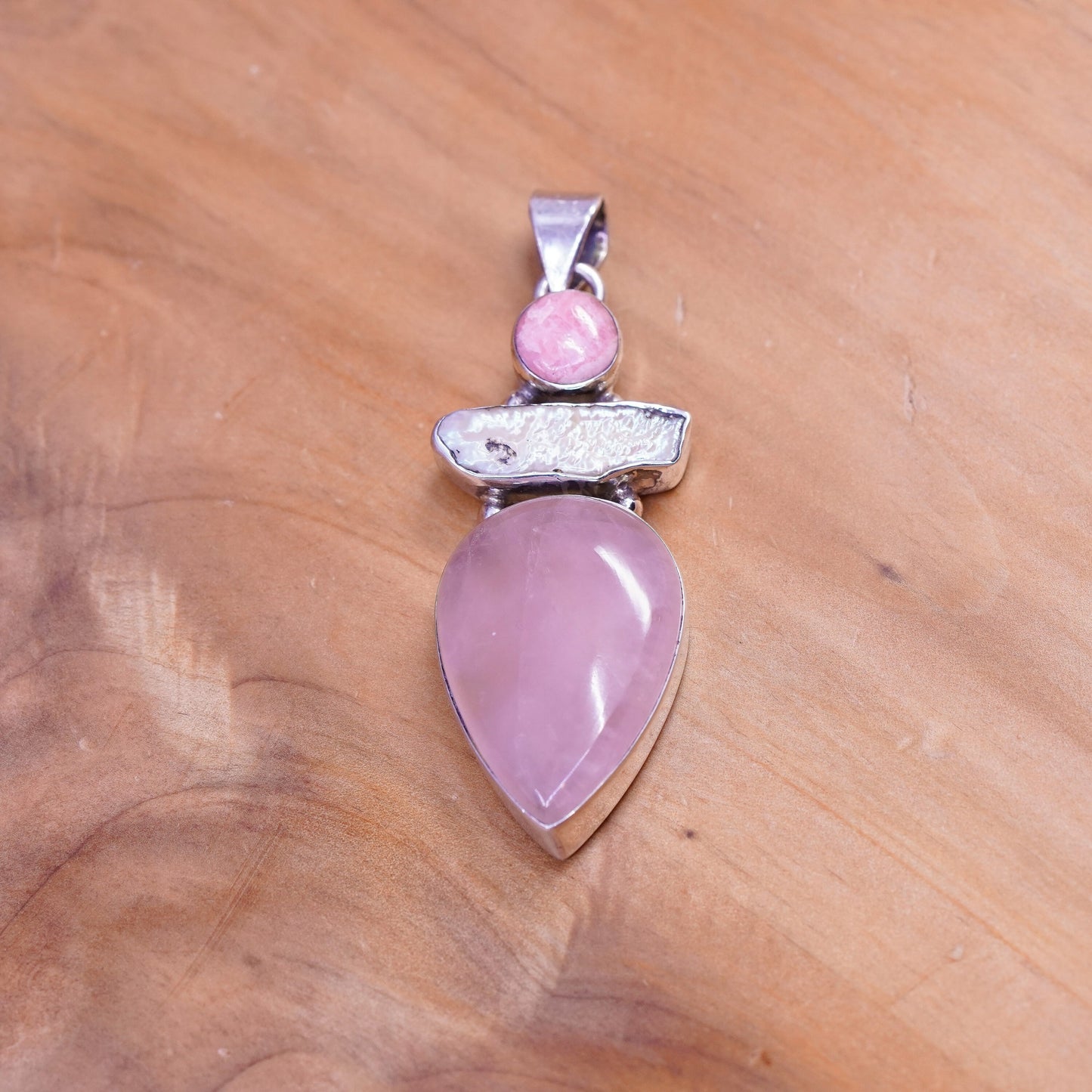 Vintage sajen Sterling 925 silver handmade pendant Rhodonite pearl teardrop