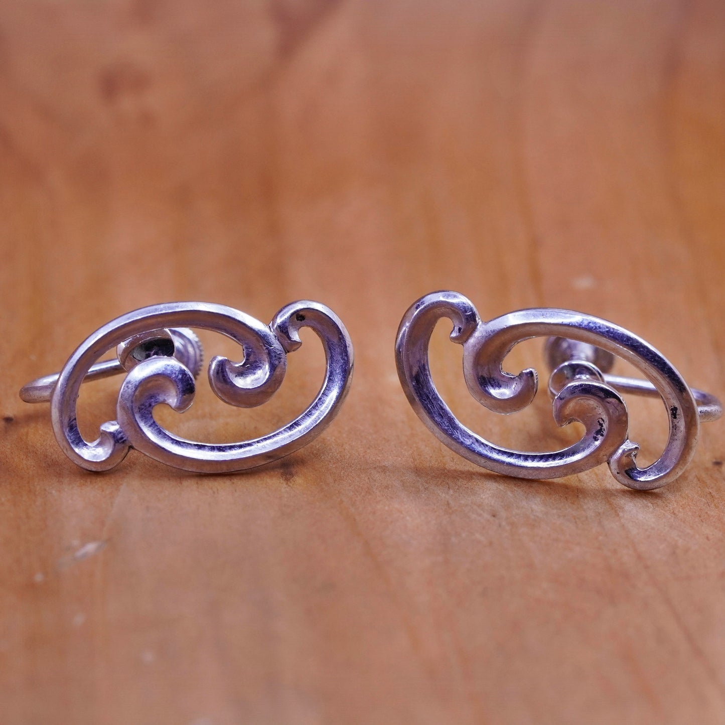 Vintage Sterling silver handmade earrings, 925 swirly screw on earrings