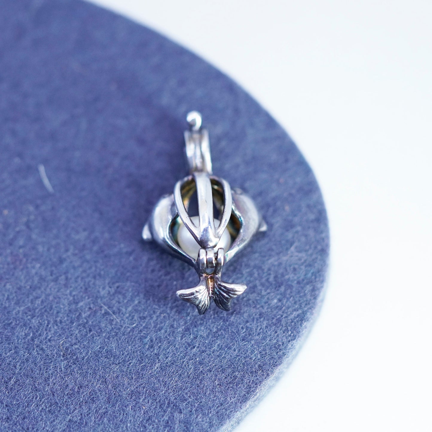 Vintage sterling 925 silver pearl heart dolphin cage pendant with pearl