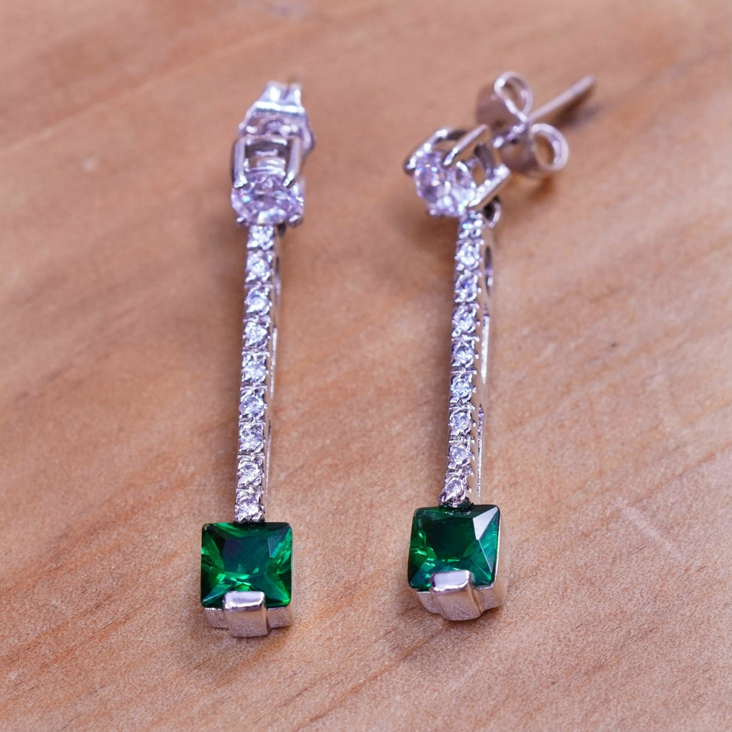 Vintage Sterling silver handmade earrings, 925 long drops with green clear CZ