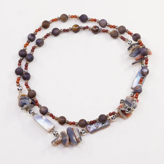 26”,vtg handmade golden tiger eye abalone beads necklace w/ 925 sterling clasp