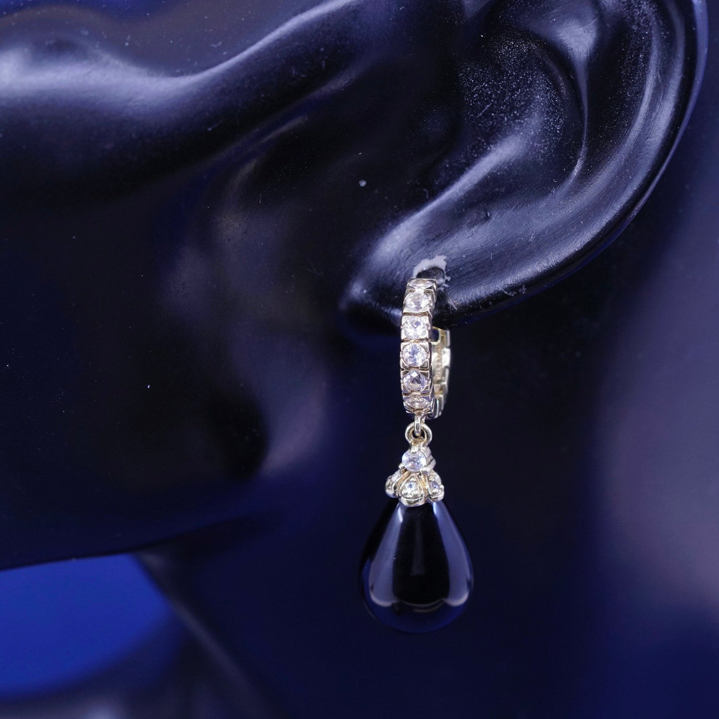 vermeil gold over Sterling silver earrings, 925 hooks, huggie w/ Cz N obsidian