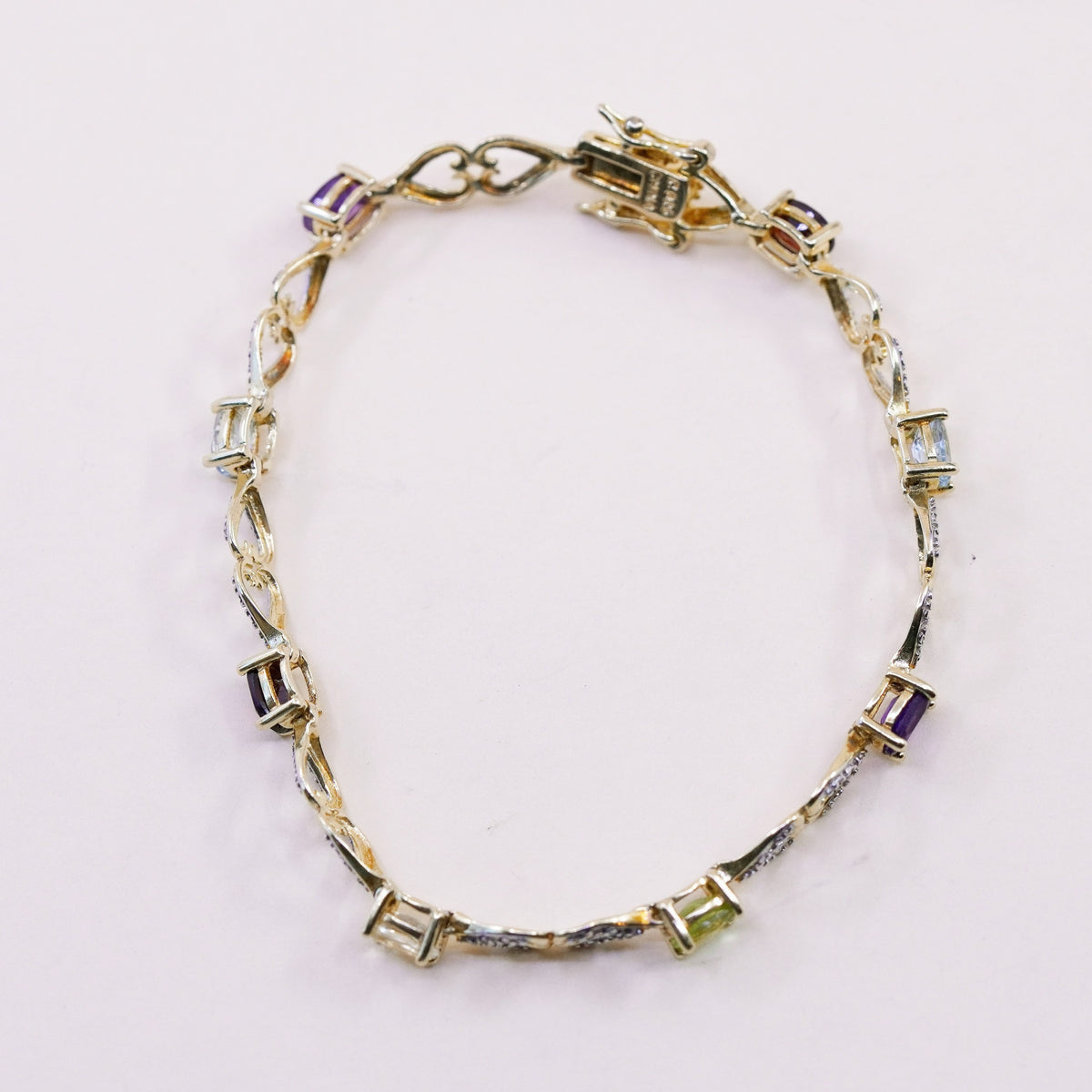7.25”, vermeil gold sterling silver bracelet, 925 tennis chain peridot citrine