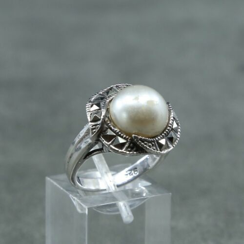 Sz 7, Vtg Sterling Silver Handmade Ring, 925 Silver W/ Faux pearl
