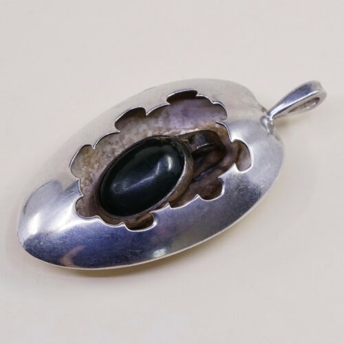 Vtg Sterling Silver Handmade Pendant solid 925 silver w/ Obsidian, stamped 925