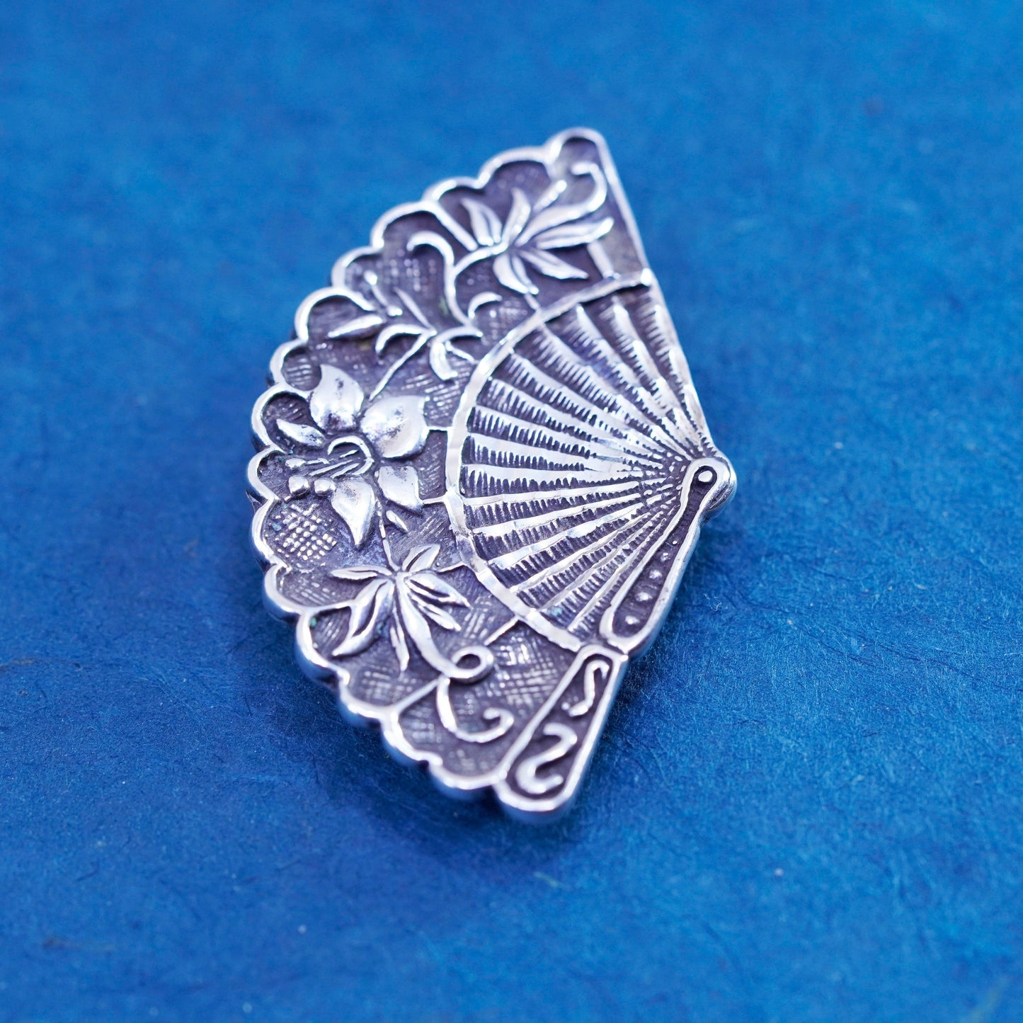 Vintage Sterling 925 Silver handmade oriental fan Brooch pin