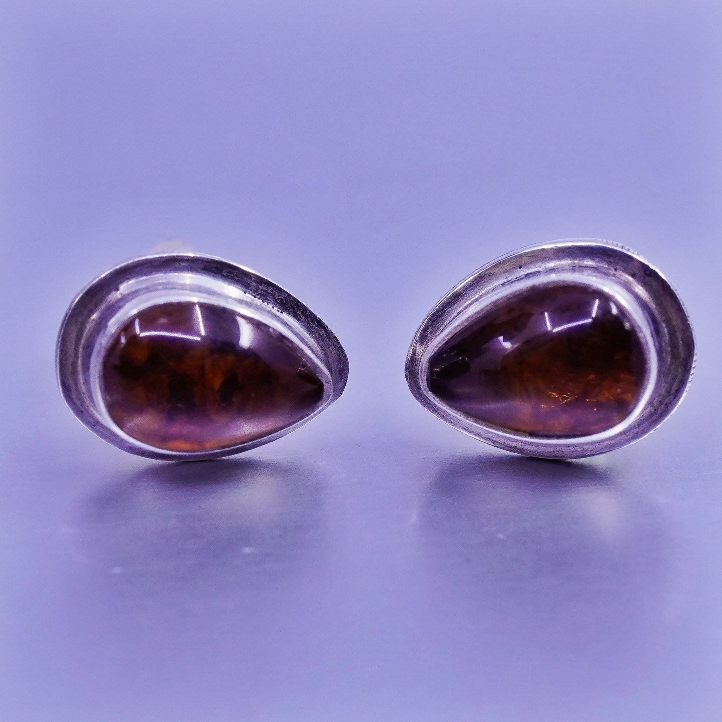 Vintage Sterling 925 silver handmade earrings, studs with teardrop Amber