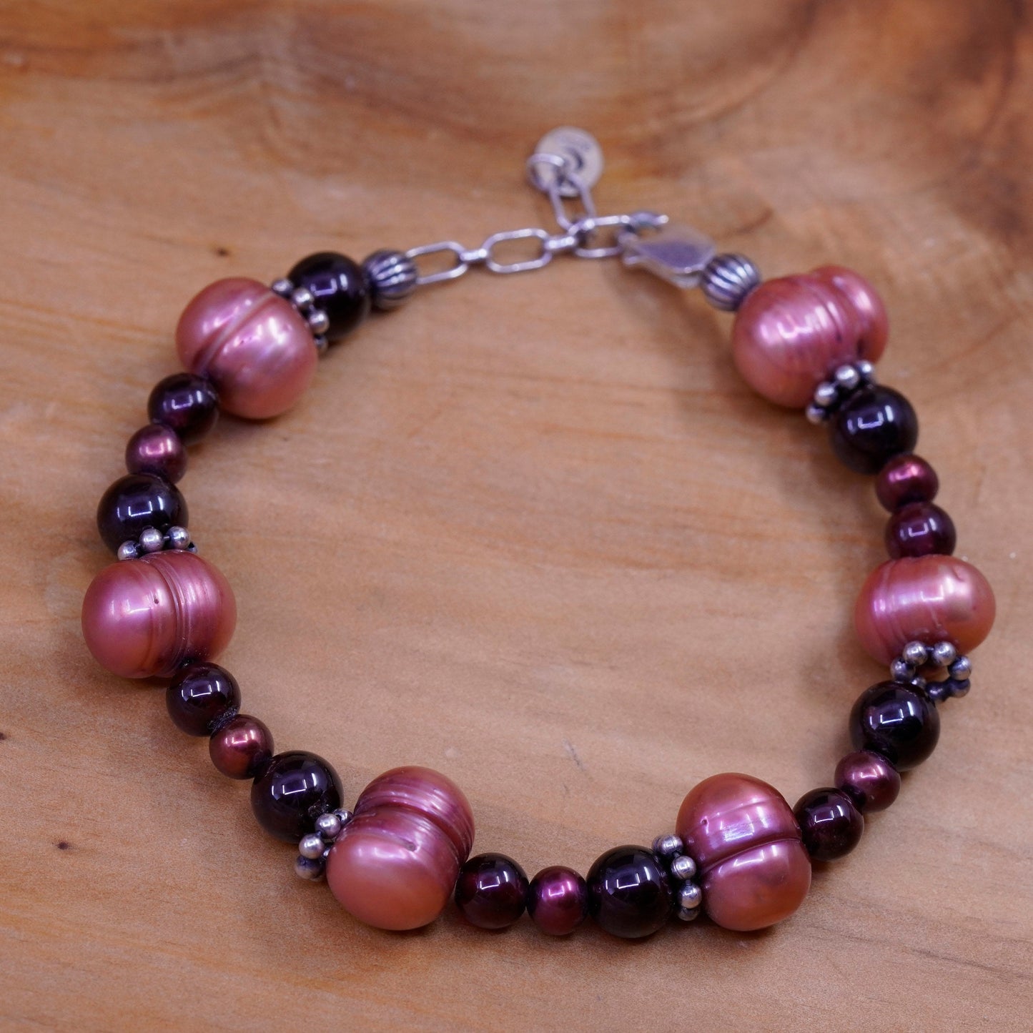 7”, Carolyn Pollack Sterling silver handmade bracelet, 925 chain pearl garnet