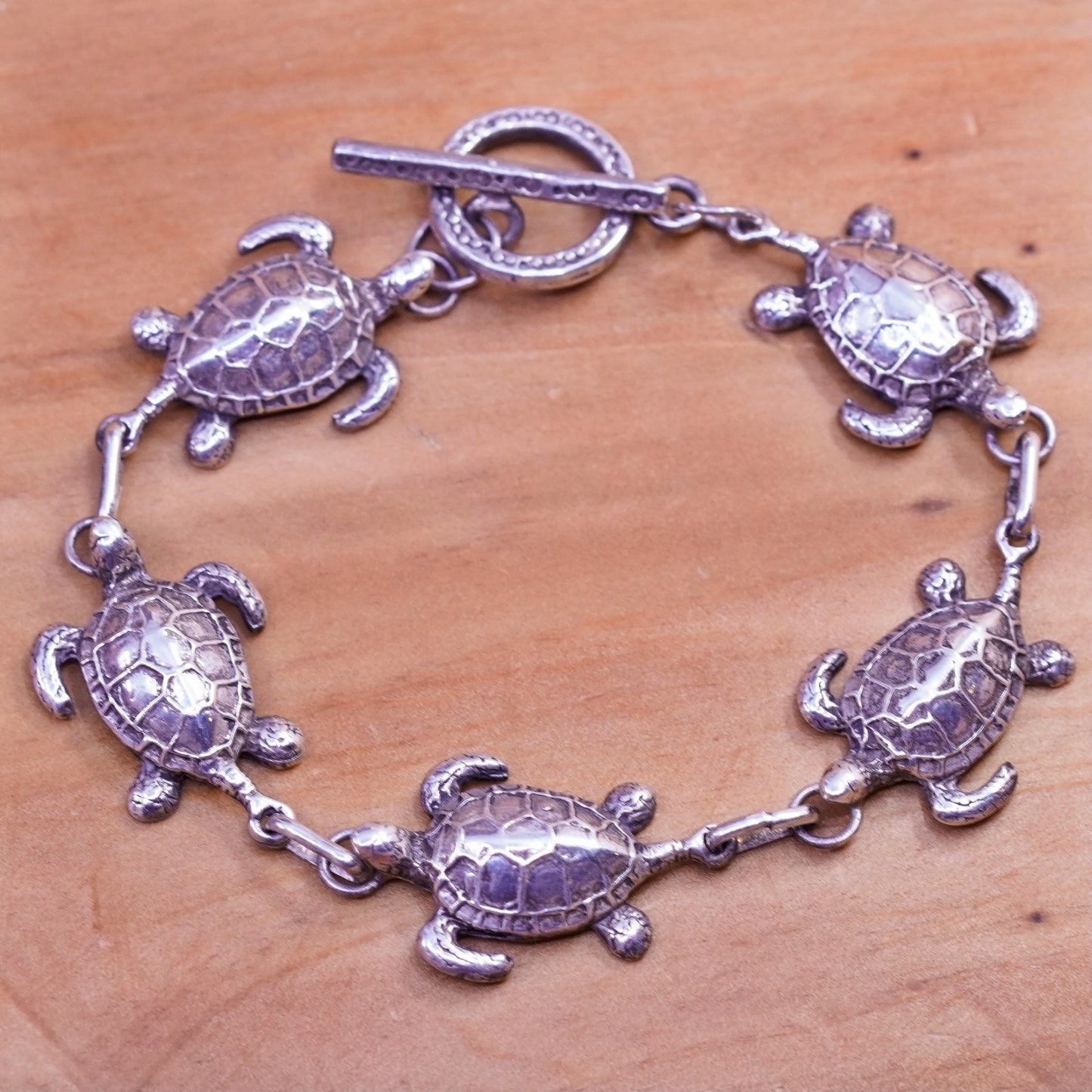 7”, vintage Sterling silver handmade bracelet, 925 turtle chain toggle closure