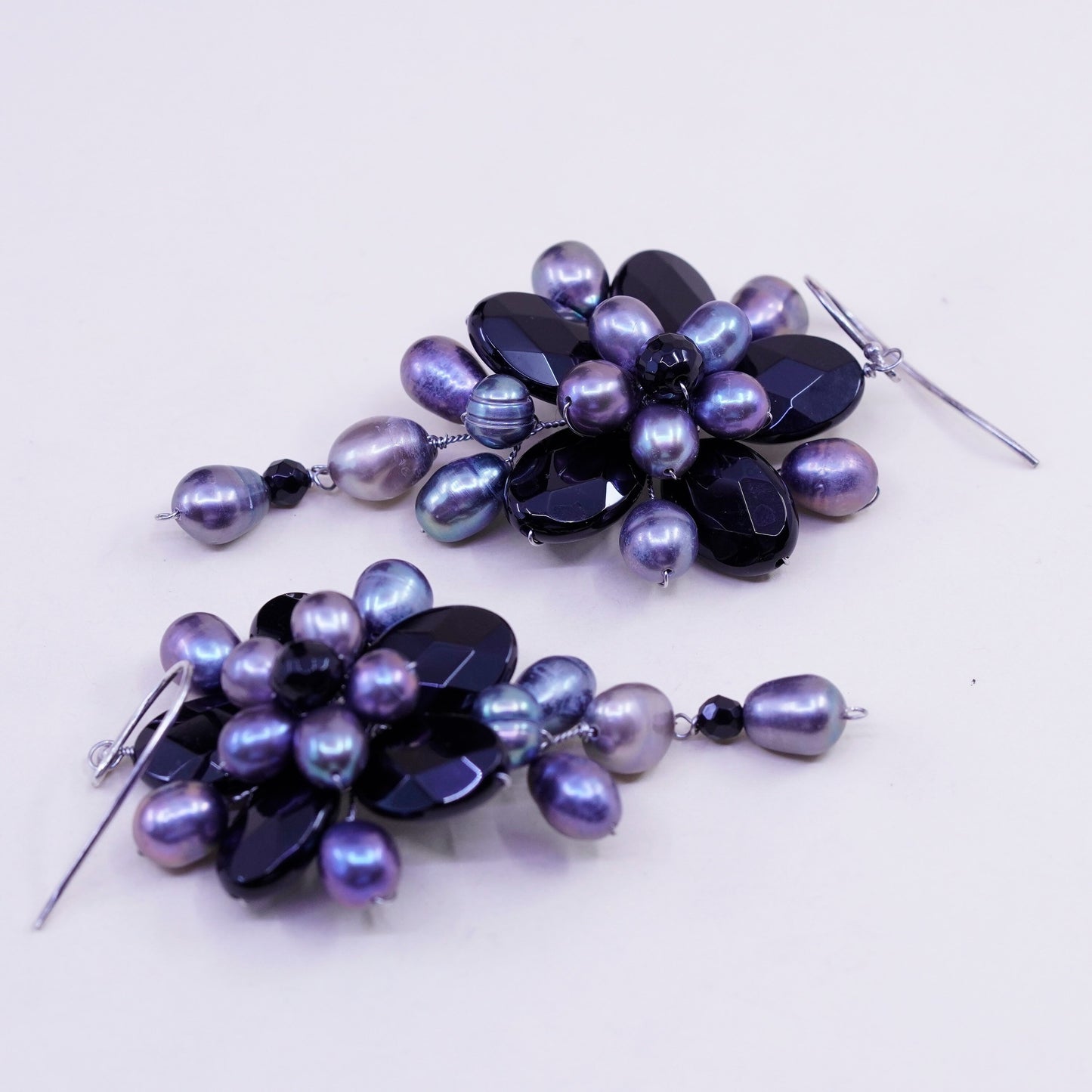 Vintage Soms Sterling 925 silver handmade earrings with flower pearl obsidian