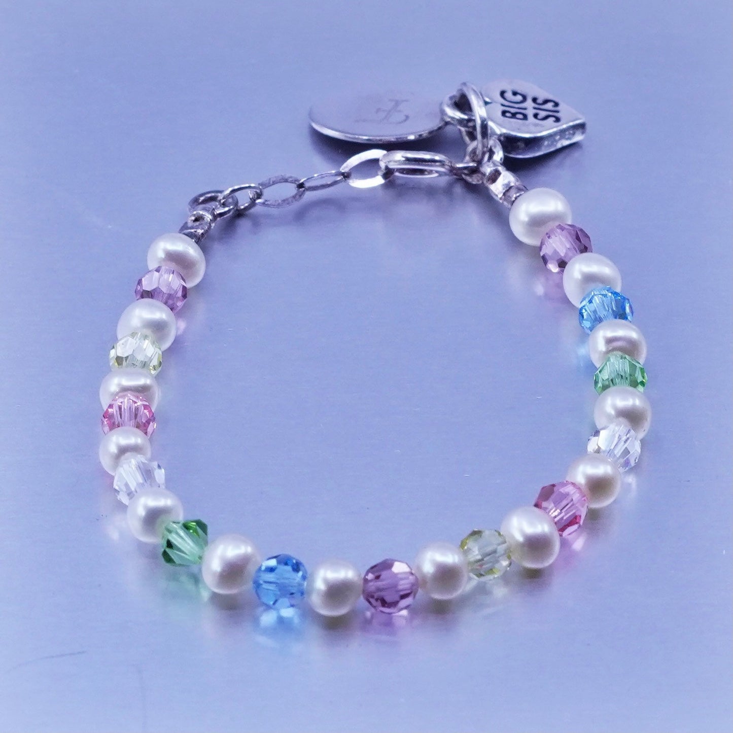 5”, Sterling 925 silver bracelet freshwater pearl crystal heart big sis charm