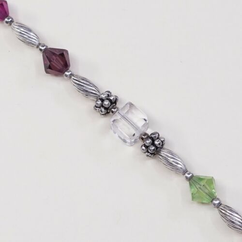 6.5”, Vtg Sterling Silver Handmade Bracelet, 925 Silver Toggle W/ Crystal Beads