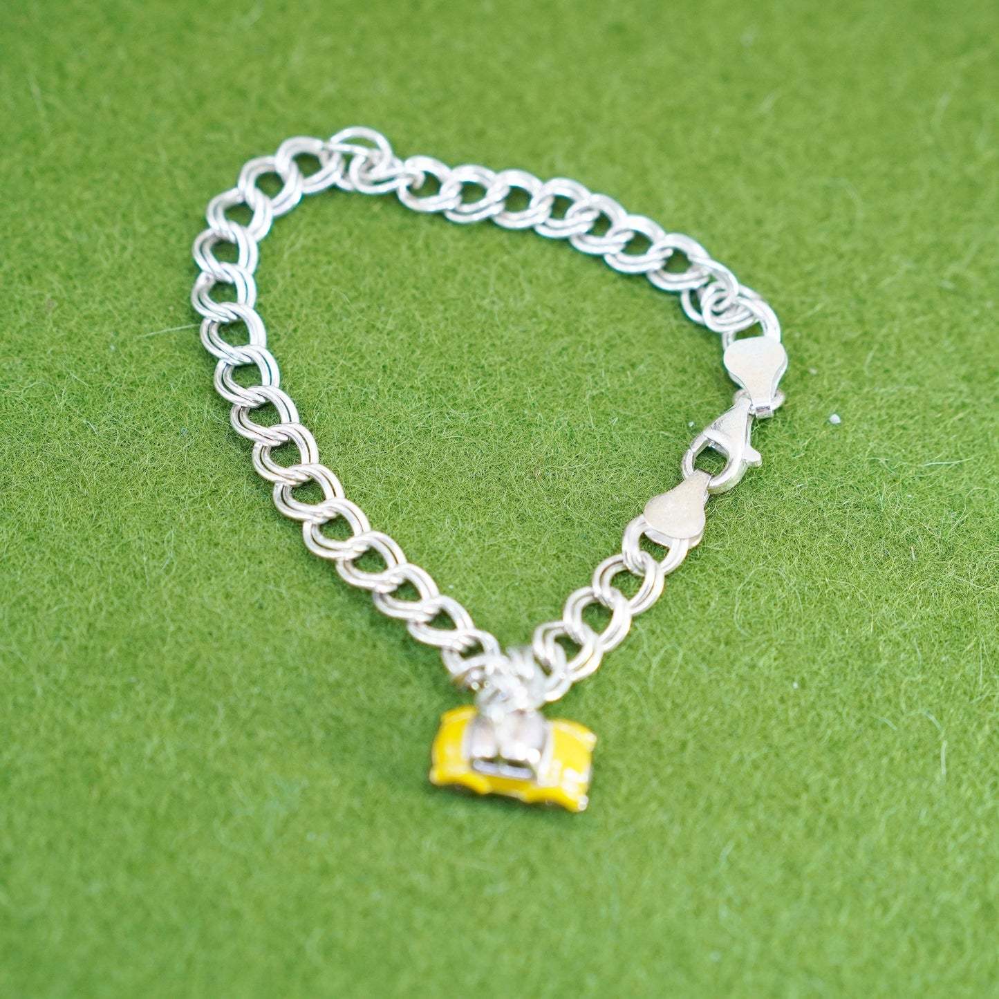 7”, sterling silver double curb bracelet, 925 chain enamel yellow cap car charm