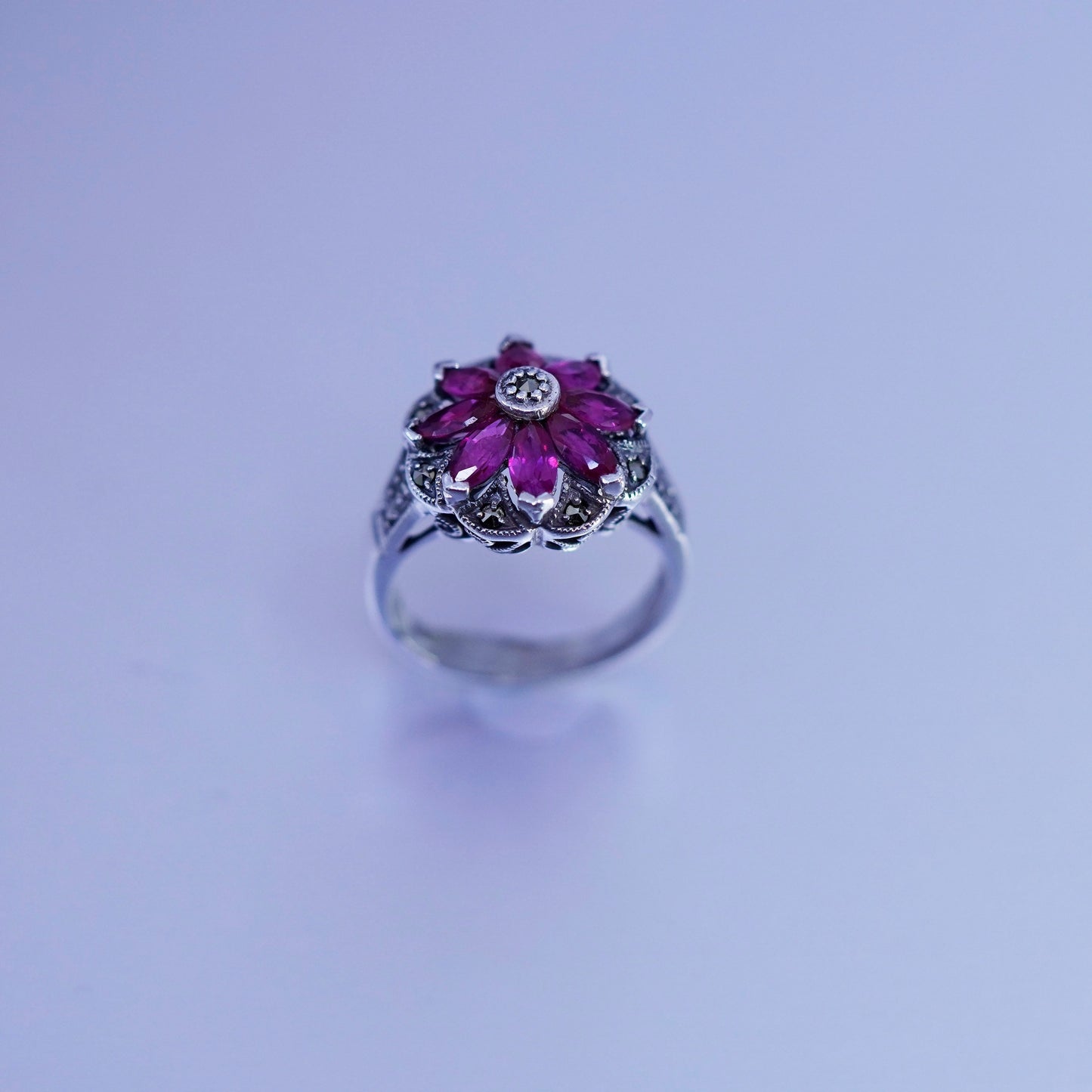 sz 5, designer Sterling 925 silver handmade statement crown ring ruby marcasite