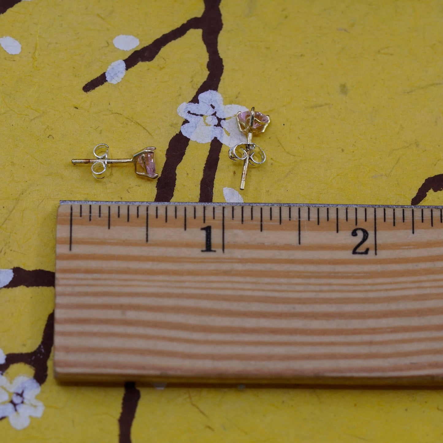 Vintage Sterling silver handmade earrings, 925 square studs with pink cz
