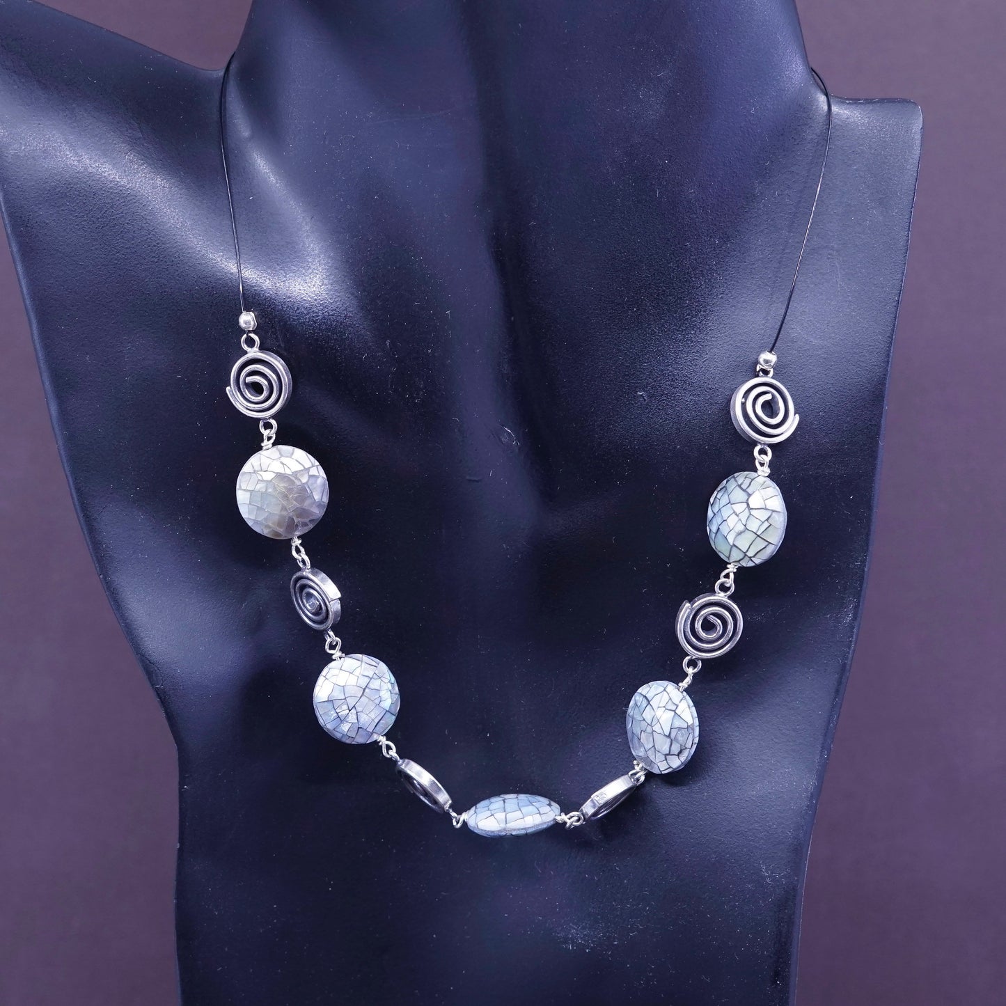 16”,nvtg necklace, black chain w/ sterling 925 silver swirl pendant N turquoise