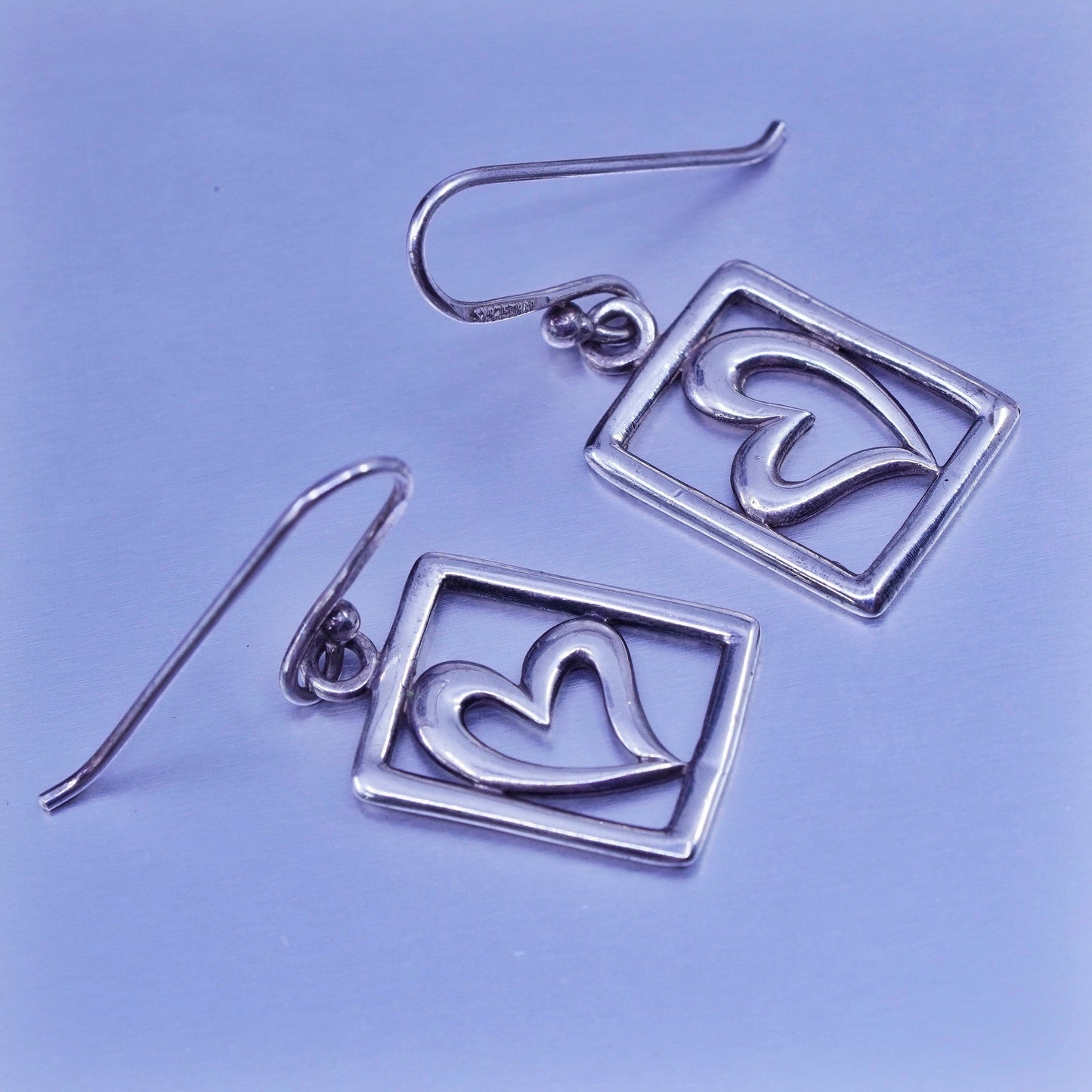 vintage Sterling silver handmade earrings, 925 hooks with square heart