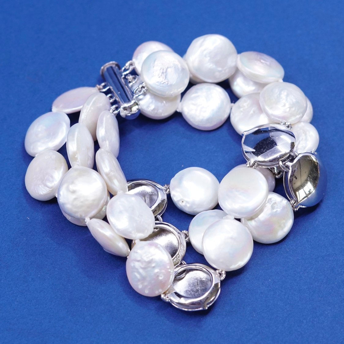 6.25" sterling silver handmade bracelet, flatten circle pearl beads N 925 discs