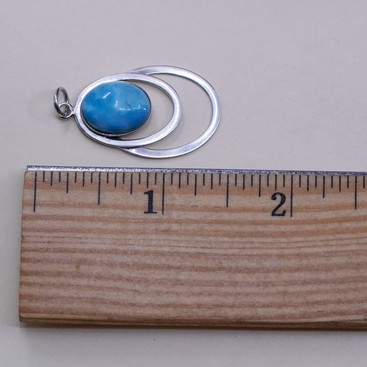 Vintage Sterling silver handmade pendant, 925 double circle with oval Larimar