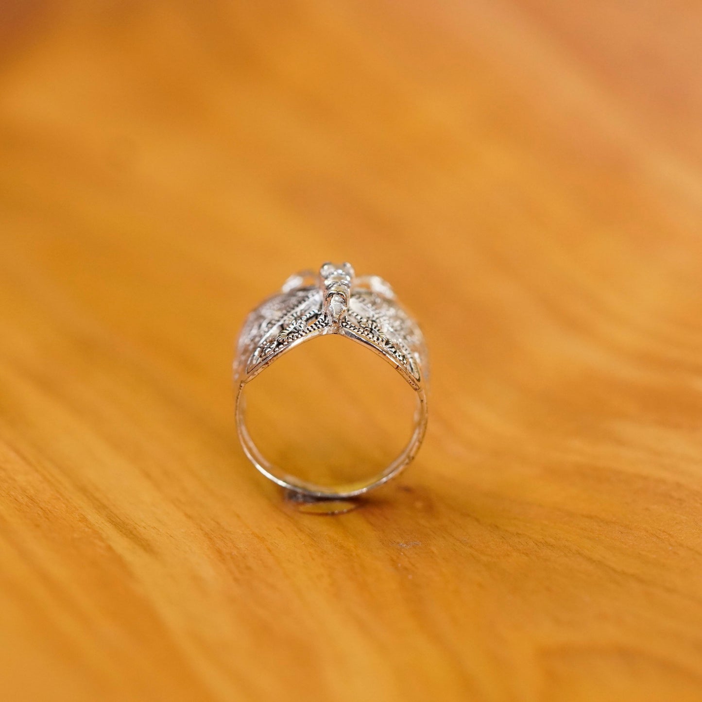 Size 7, Vintage Sterling silver handmade ring, 925 filigree butterfly band cz