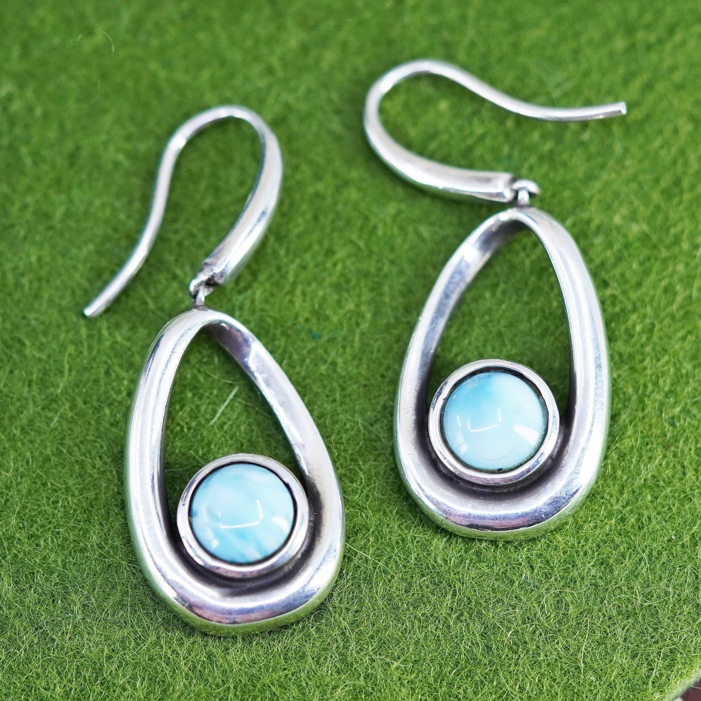 Vintage Sterling silver handmade earrings, 925 teardrop with Larimar