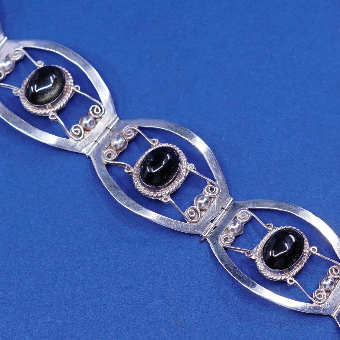 7", Sterling silver handmade bracelet, 925 filigree panels w/ obsidian beads