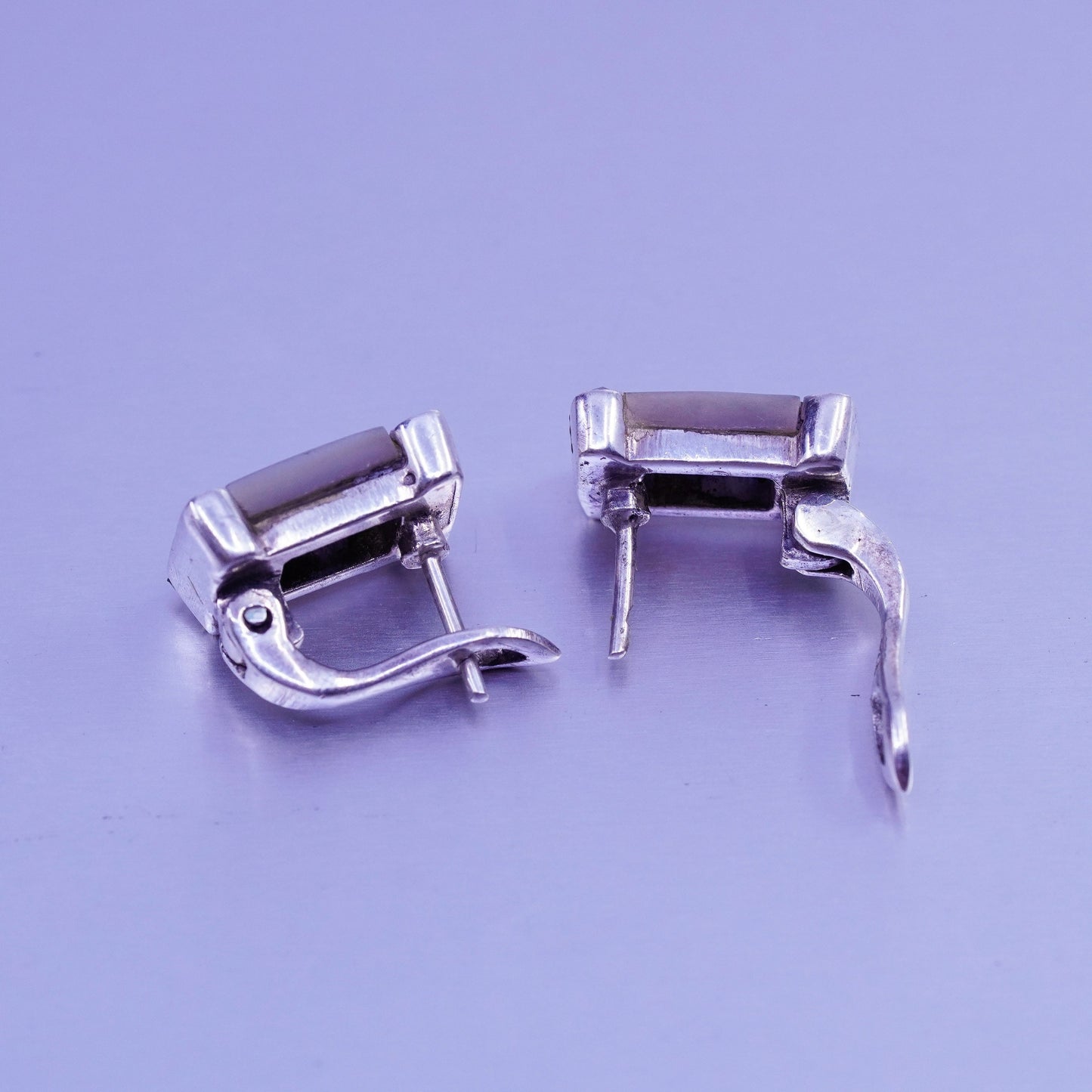Sterling 925 silver earrings, rectangular studs mother of pearl and marcasite