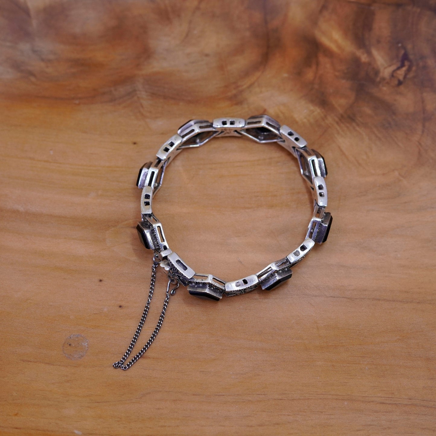 6.75”, Sterling silver handmade bracelet 925 tennis bracelet marcasite obsidian