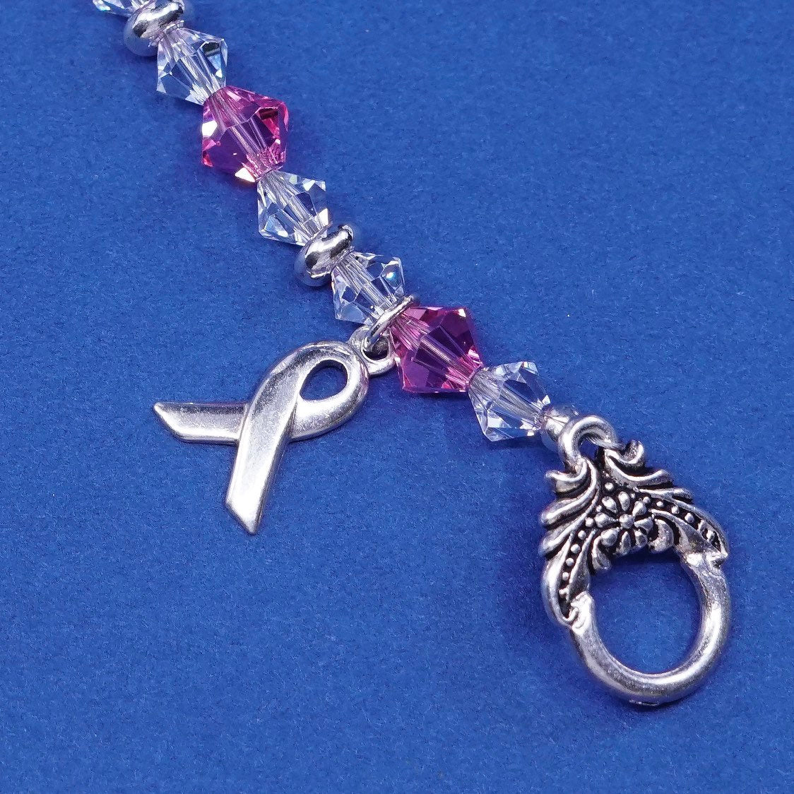 6.5”, vtg sterling silver handmade bracelet, 925 w/ pink crystal beads N toggle