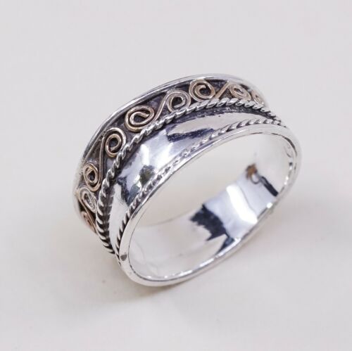 Size 5, Vtg Two Tone Sterling Silver Handmade Ring 925 Band W/ Swirl Texture