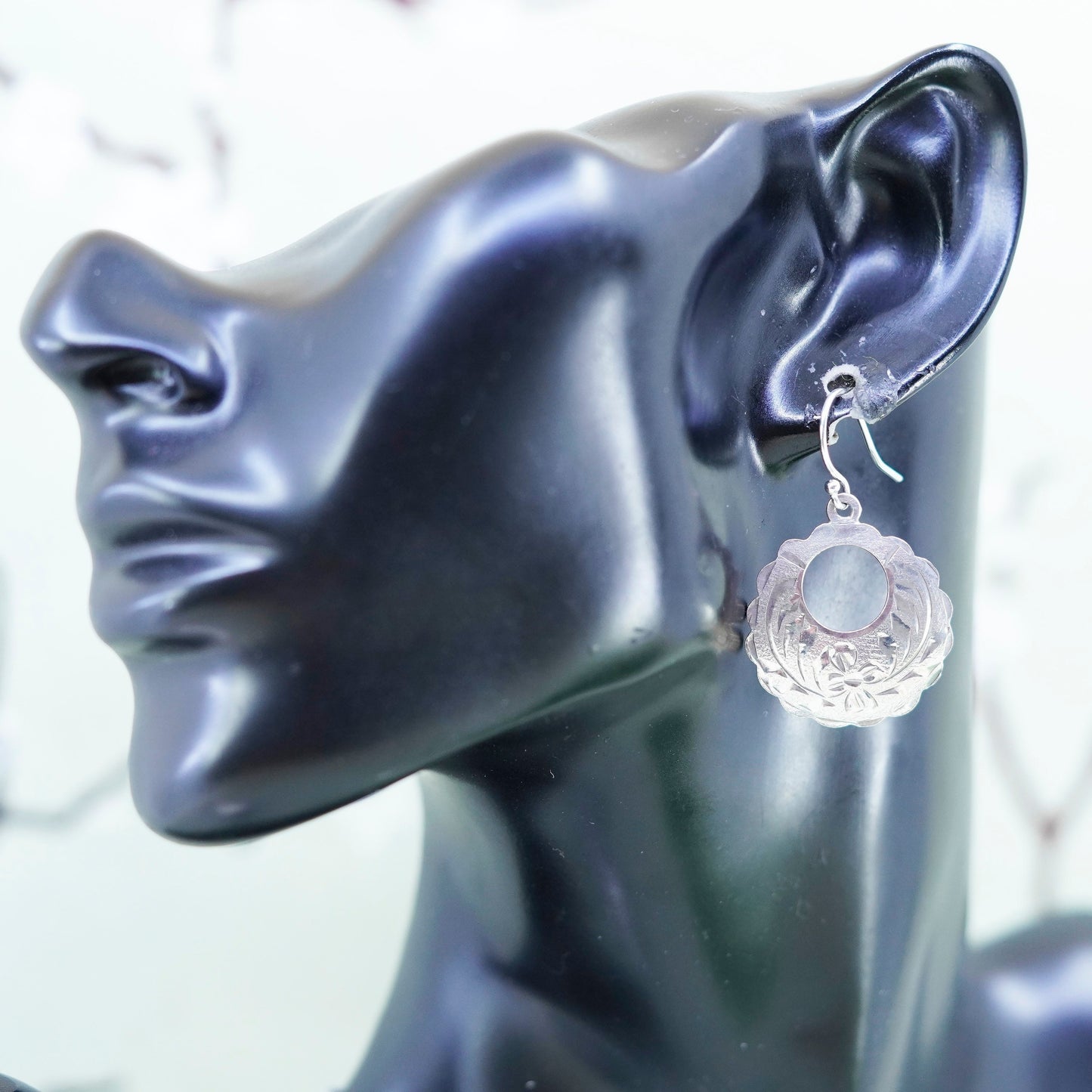 hecho en Sterling silver handmade earrings, Mexico 925 textured circle dangles