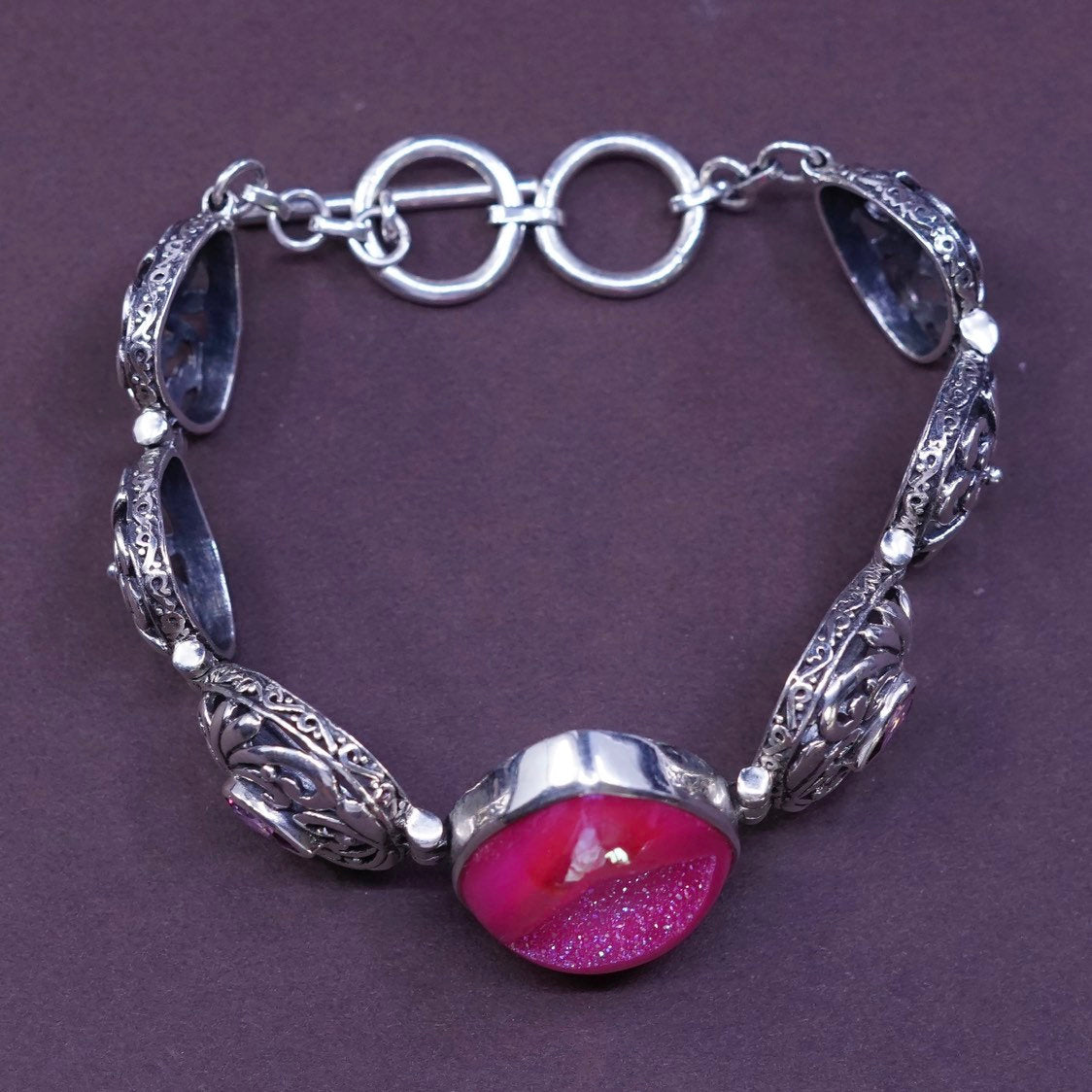 6.5"+0.5”, Sterling silver handmade bracelet, 925 w/ pink druzy stone n ruby