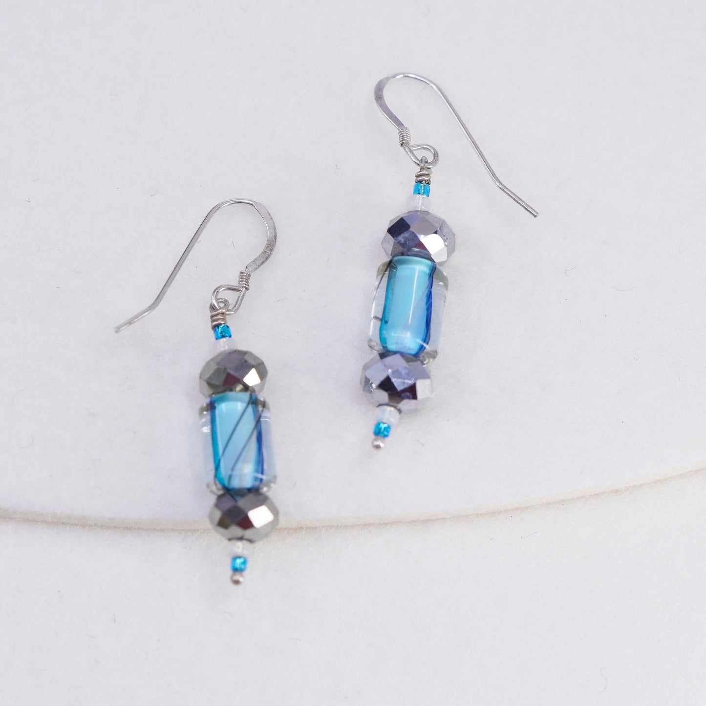 vintage Sterling silver handmade earrings, 925 blue glass tube