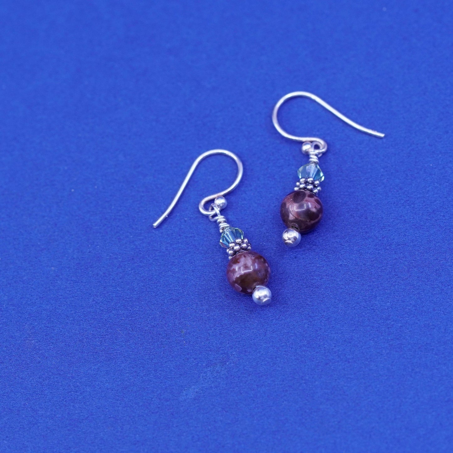 Vintage Sterling silver handmade stud earrings, 925 hooks with jasper beads