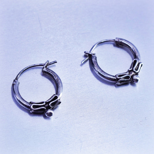 0.5”, vintage Sterling silver handmade earrings, textured 925 hoops with beads