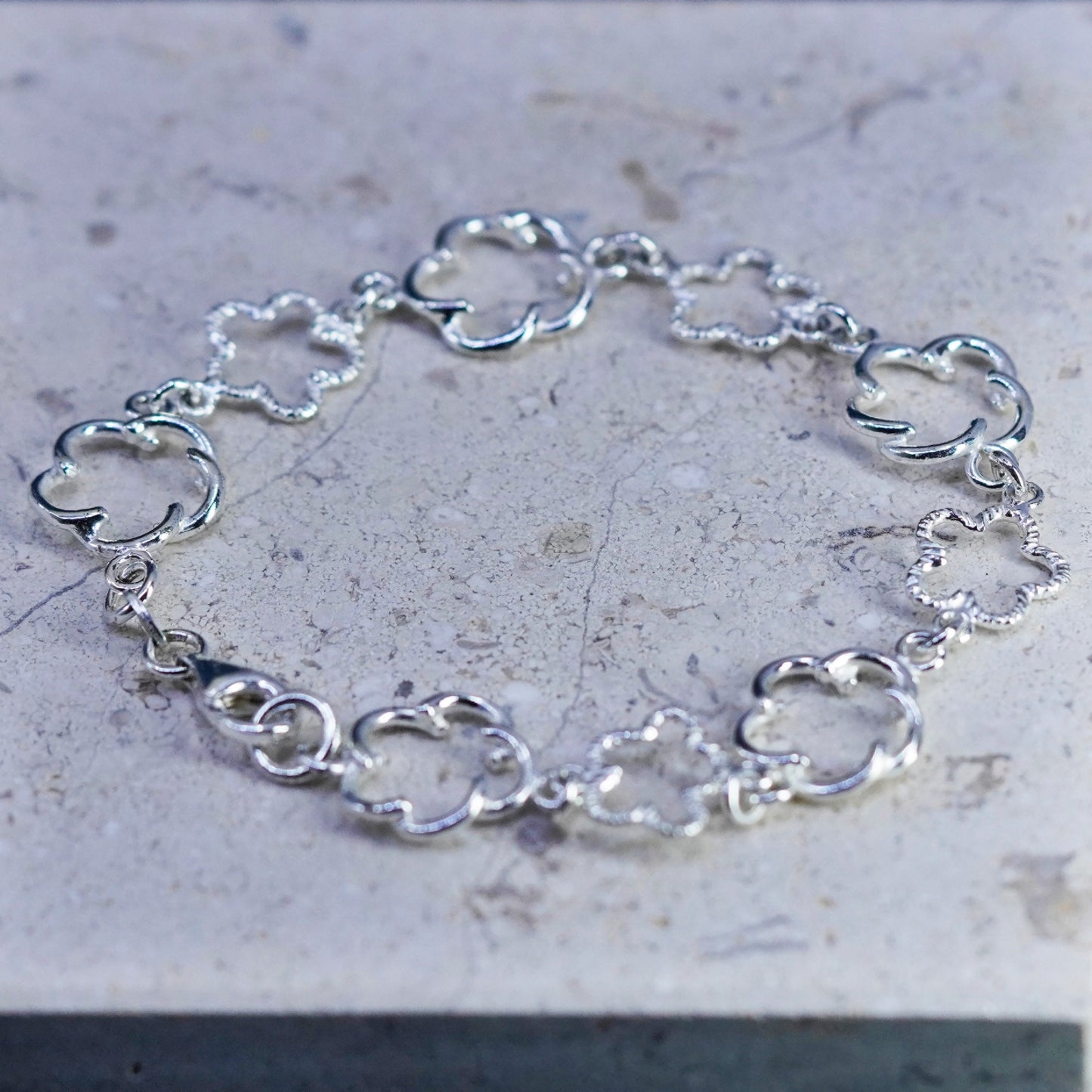 7”, vintage Sterling silver handmade bracelet, 925 flower link chain