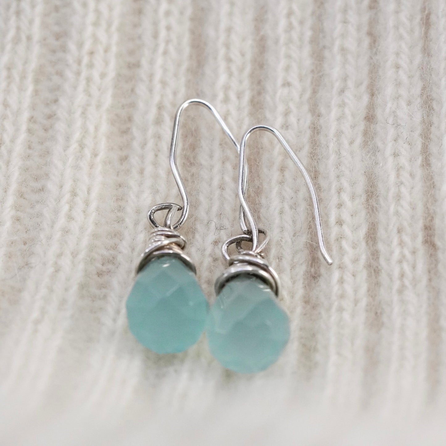 Vintage Sterling 925 silver handmade earrings with teardrop Chalcedony